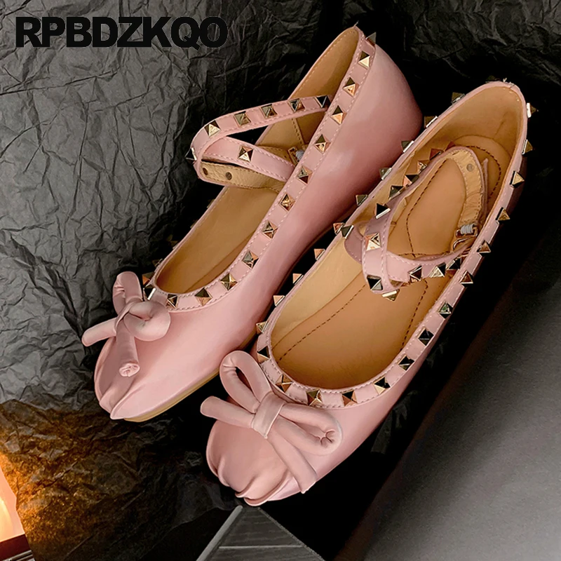 

Kawaii 34 Satin Women Stud Rivet Silk Square Toe Ballerina Flats Bow Knot Ballet Metal Bowtie Shoes Studded Cross Ankle Strap