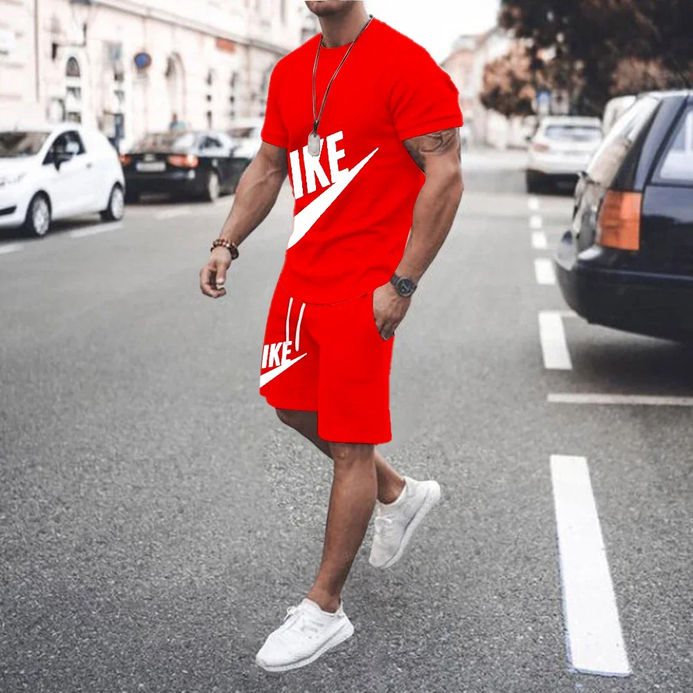 Summer Men's Clothing Two Pieces Sets Mens Casual Tracksuit Men Print Short Sleeve Sets Mens T-shirt + Shorts Fitness Sports Set