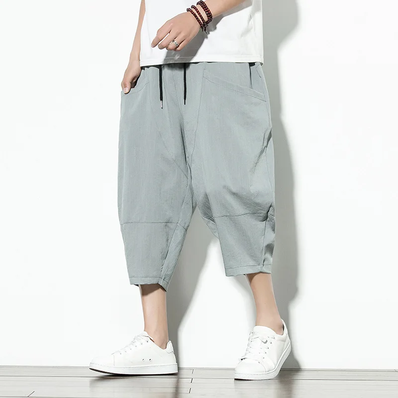 New Cropped Pants Men's Youth Pants Large Size Loose Bloomers Japanese Trend Casual Ice Silk Beach Pants брюки карго карго