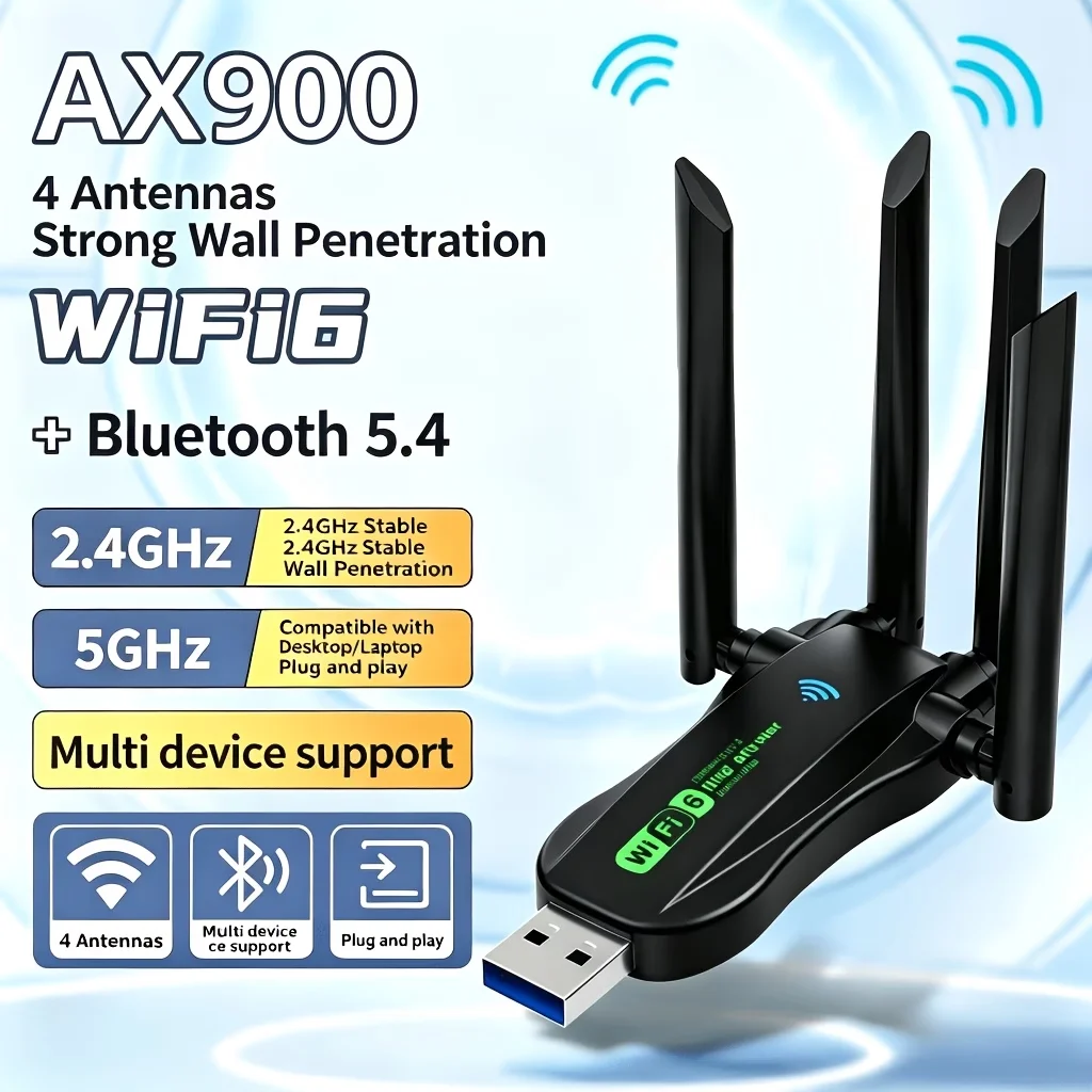 AX900WIFI6 블루투스 5.4 USB 무선 어댑터2.4G/5Ghz 900Mbps 듀얼 밴드 4안테나 WiFi 네트워크 카드 동글 WIN10/11 전용