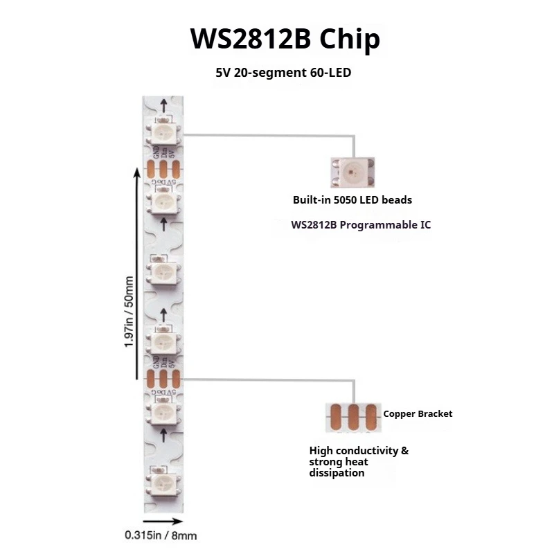 1/2/3/4/5M S자형 벤더블 타입 주소 지정 가능 WS2812B 5mm 8mm PCB ws2812 RGB LED 픽셀 스트립 60leds 60픽셀/m 5V 풀컬러