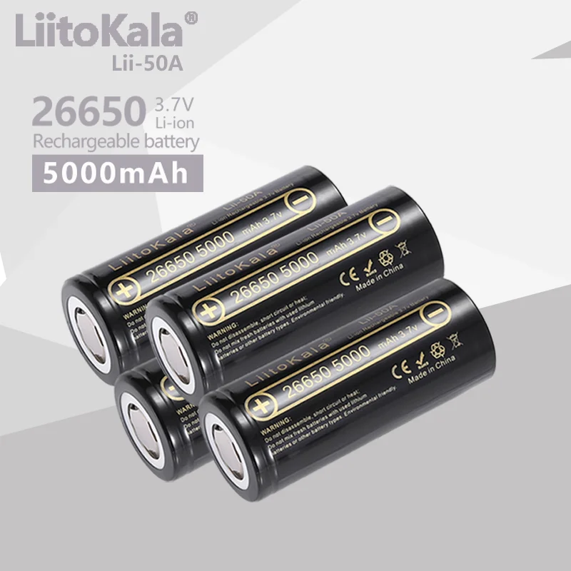 

4PCS LiitoKala Lii-50A High Capacity 100% Original 26650 3.7V 5000mAh 20A Power Li-ion Battery 26650A, Electric battery pacck