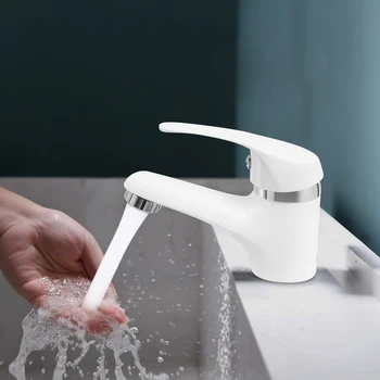 Rubinetto per lavabo monocomando da 10 cm/3,94 pollici di altezza, rubinetto da bagno bianco moderno per case, hotel, bagni di edifici per uffici 1