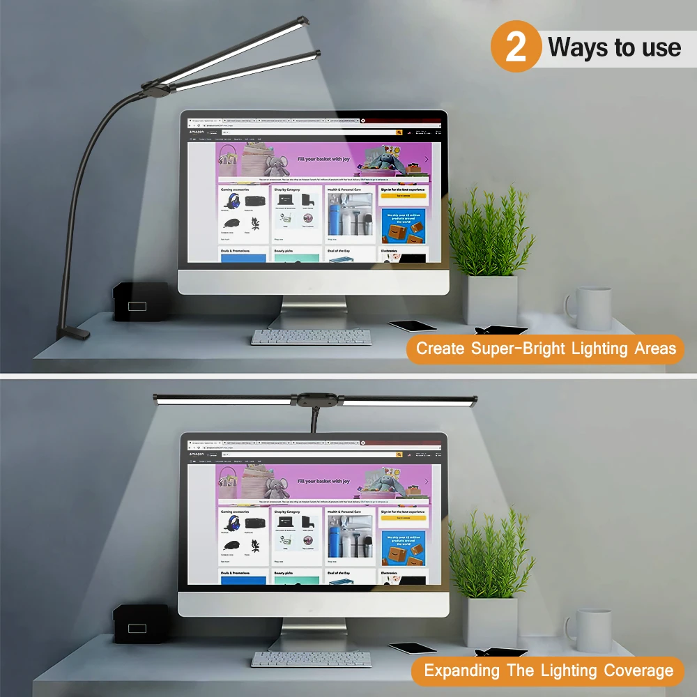 LED Double/Single Head Reading Desk Lamp Foldable Swing Arm Table Lamp with Clip Dimmable Workstation Office PC Eye Protection 5