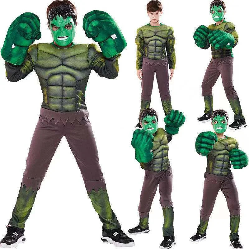 Kids Superhero Cosplay Costume Green Anime Muscle Jumpsuit with Gloves for Party