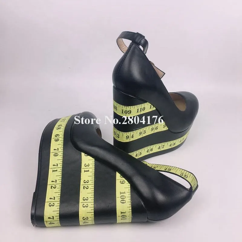 

Rulers Strap High Platform Wedges Unique Design Round Toe Black Matte Leather Ankle Straps Buckles High Heels Party Shoes