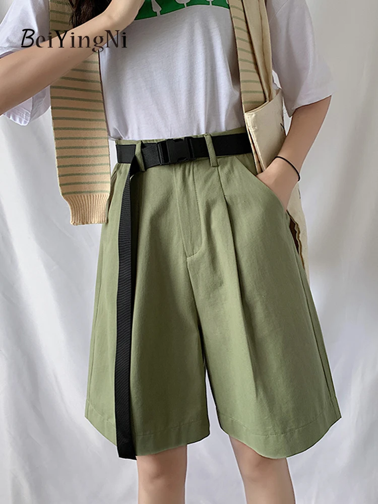 

Beiyingni Women's Wide Leg Shorts Pants Female With Belt Korean Loose Casual High Waist Shorts for Women Solid Color Street Pant
