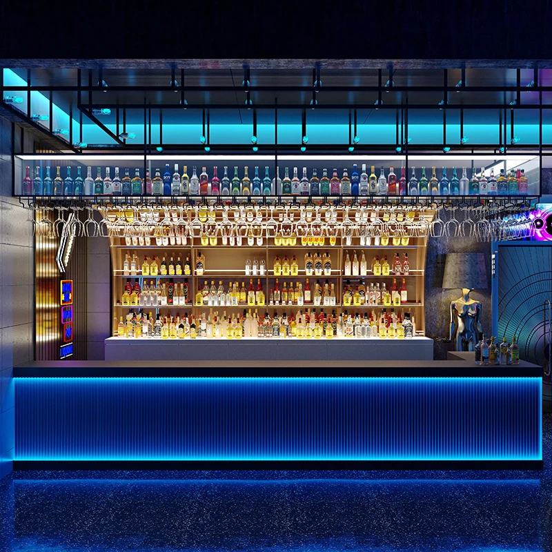 Bar Counter, Wine Cabinet, Wall Mounted Luminous Wine Rack, Wrought Iron Creative Tempered Glass Cashier Counter
