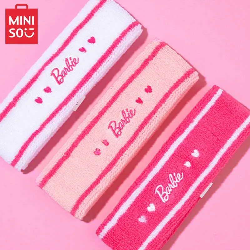 

Kawaii Miniso Barbie Series Sweat-Absorbing Sports Headband Cute Cartoon Pink Fashion Girl Running Fitness Yoga Headband