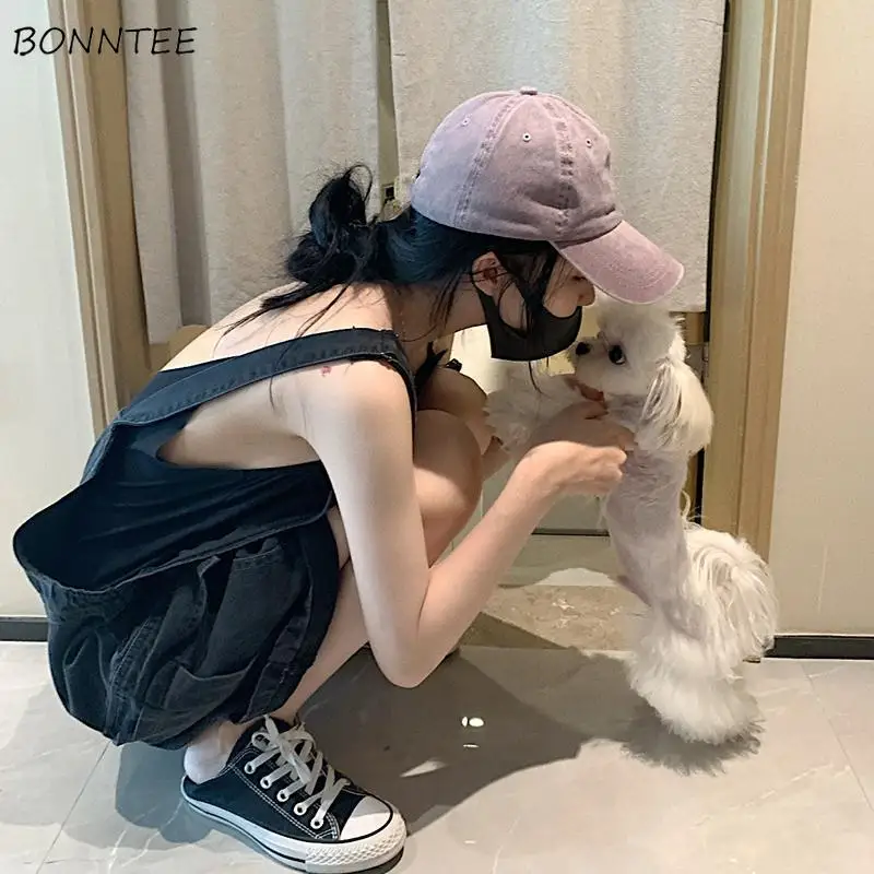 

Black Denim Rompers Women Simple Basic Pockets New Design Summer All-match Casual Ins Cozy Preppy Style Trendy Fashion Korean