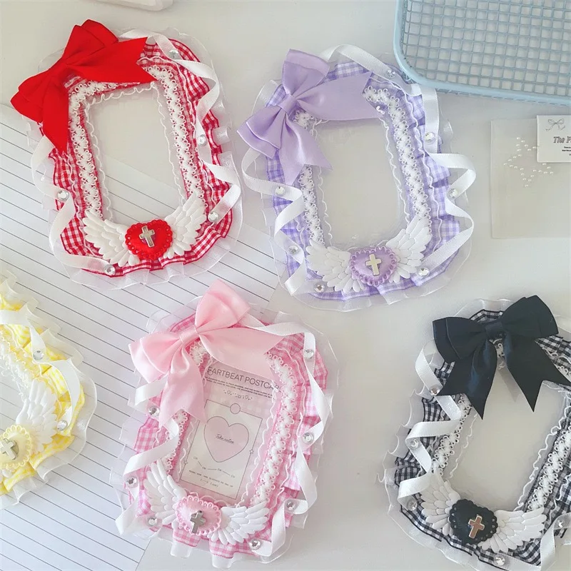 Lace Sleeve Bow Acrylic 3 inch Kpop Photocard Holder DIY Fabric Pendant Angel Wing Sheath Photo Card Holder Bag School Pendant
