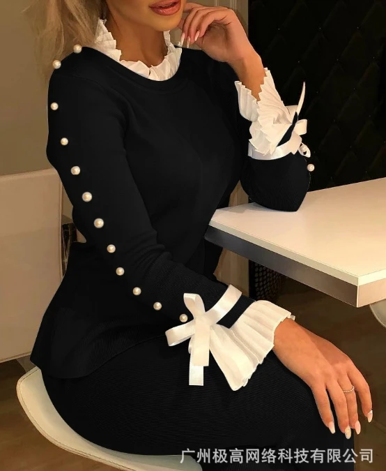 

Elegant Style 2024 Early Spring Fall Women Blouse Fashion Long Sleeved Patchwork Princess Sleeve Top Black Pullover Ladies Tops