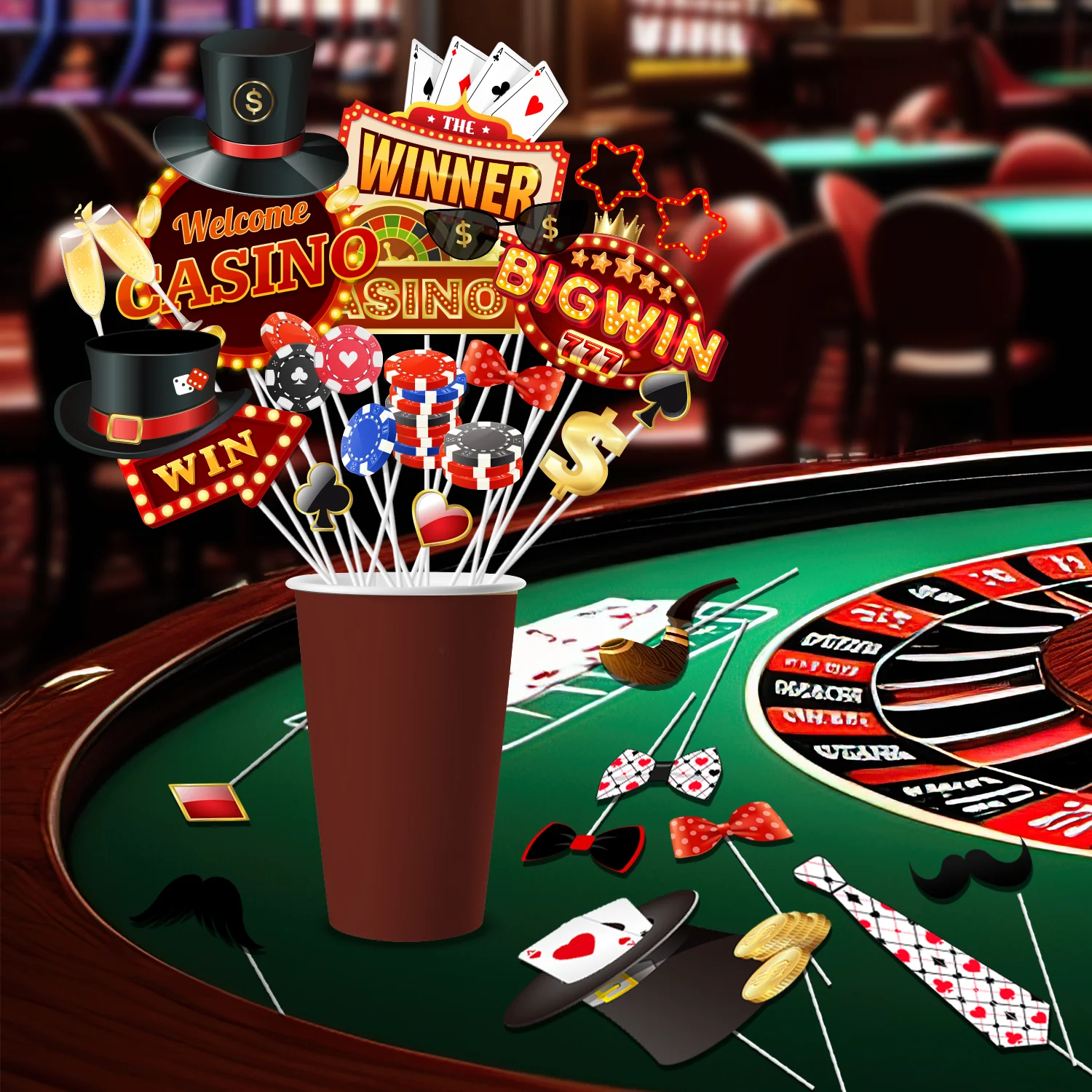 카지노 사진 부스 소품, 28개 카지노 테마 사진 부스 소품, 카지노 밤 사진 부스 소품 및 카지노 테마 파티 사진 부츠