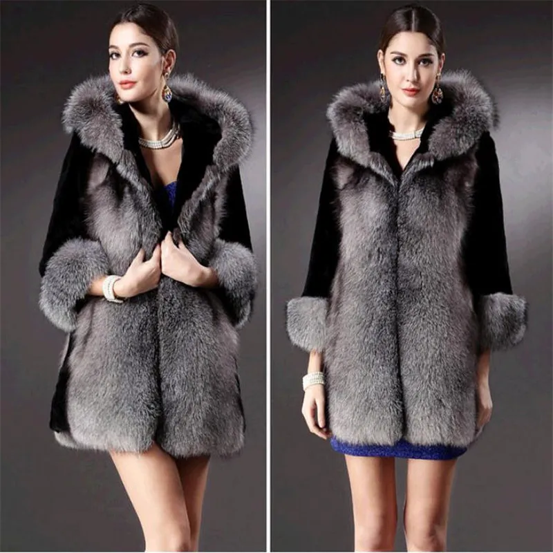 European Station Women's Faux Fur Overcoat Coat Jackets 4XL Fashion Hooded Thick Fur Large Fur Collar Winter Long section