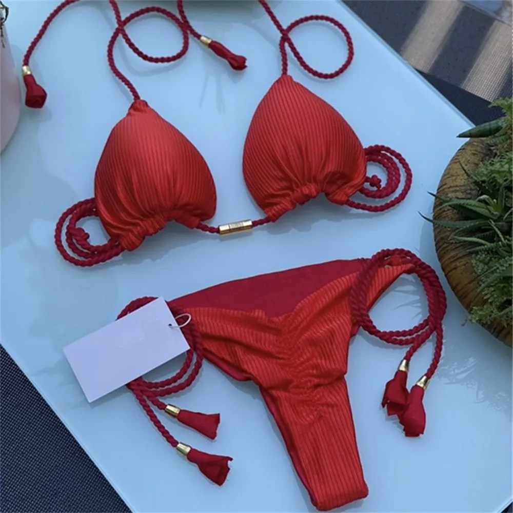 

Solid Color Bikini Set Hand Woven Rope Swimwear Women's Swimsuit Bathing Suit Beachwear Beach Outfits for Women Bikinis Set