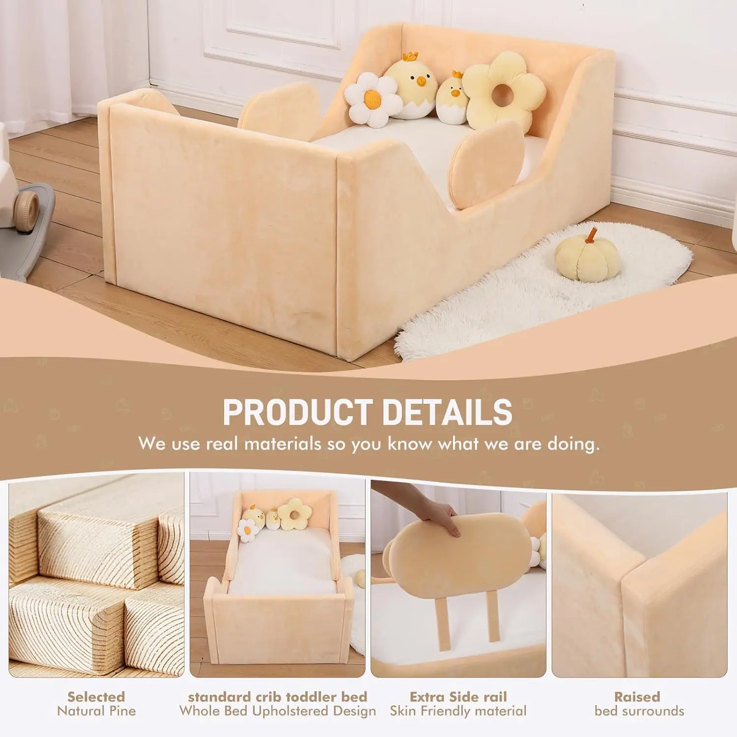 Bed, Child Bed for Kids with Extra Safty Broad, Standard Crib Size Toddler Bed, Certified Fabric Toddler Beds,Toddler Fl