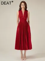 فستان دينم بطيات بلا أكمام للنساء ، رقبة في ، خصر مرتفع ، فساتين أنيقة نسائية ، لؤلؤ ، موضة ، صيف ، جديد ، ، 13DB1534 1