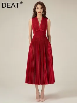 فستان دينم بطيات بلا أكمام للنساء ، رقبة في ، خصر مرتفع ، فساتين أنيقة نسائية ، لؤلؤ ، موضة ، صيف ، جديد ، ، 13DB1534 1