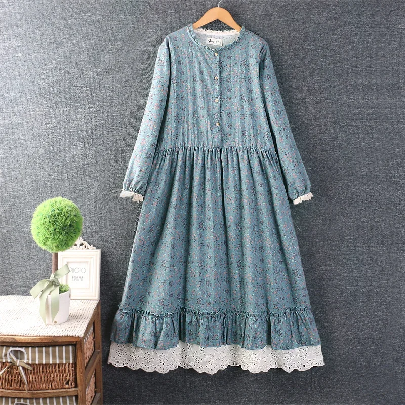 

Spring Harajuku Japan Style Mori Girl Floral Print Dress Women O-Neck Long Sleeve Casual Loose Cotton Linen Vintage Dresses