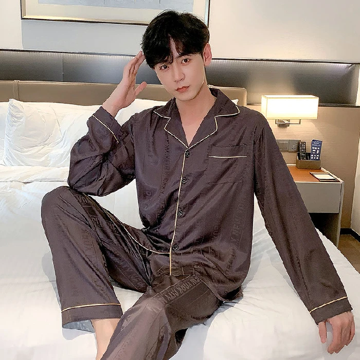 Men Satin Pajamas Set 5XL 85kg Long Sleeve Casual Home Wear Spring Autumn Ice Silk Boy Pajama Sets Leisure Saft Sleepwear Set white cotton pyjamas Pajama Sets