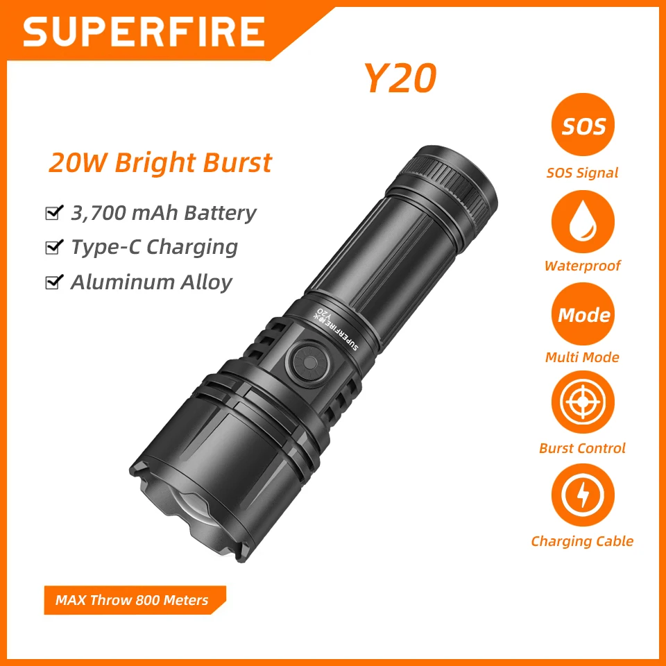

SUPERFIRE Y20 20W LED Flashlight 800m Lighting Distance with Zoom/Gear Memory Function USB-C Rechargeable Torch for Camping