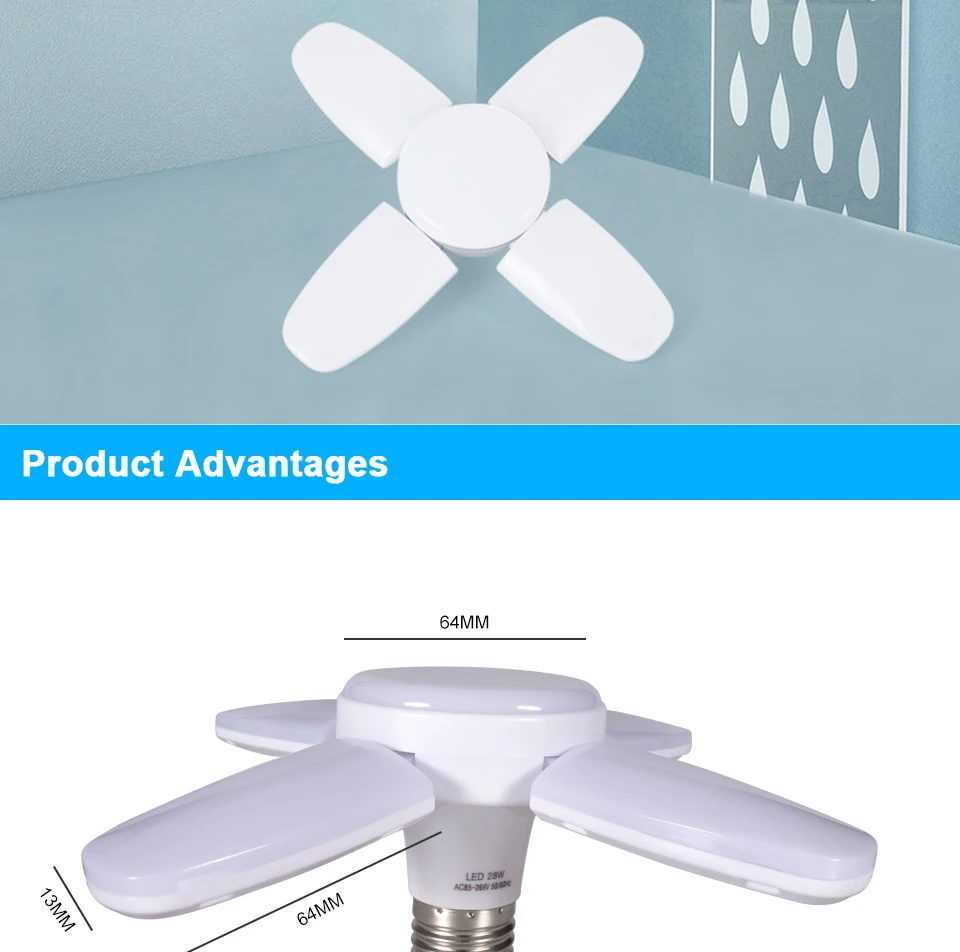 Description Picture 2 of itemE27 AC220V LED 28W Bulb Fan Blade Timing Lamp Foldable Led Light Bulb Lampada Night Lights For Home Ceiling Light Lighting