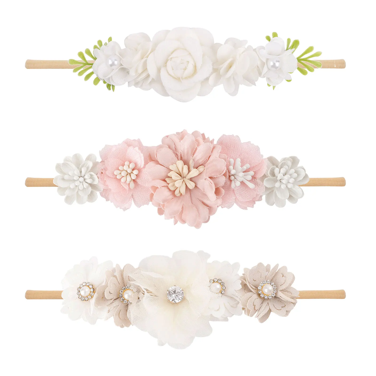 Infant Baby Girls Flower Headbands Soft Elastic Floral Headbands Pearl Rhinestone Hair Bands for Newborn Toddlers