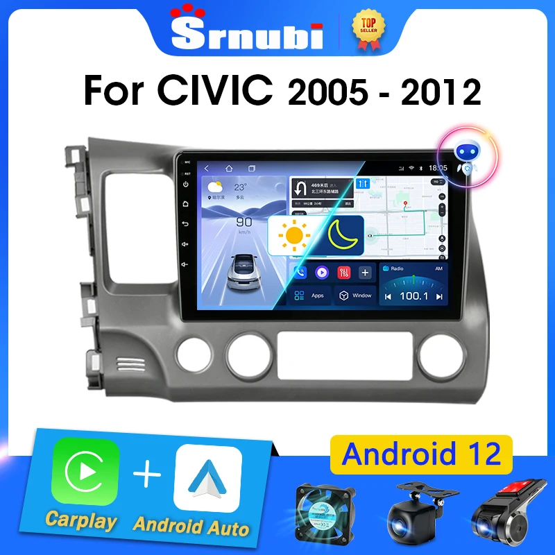 Srnubi-Rádio estéreo para carro para Honda Civic 8 2005-2012, leitor multimídia, navegação GPS, 2 Din, 4G, áudio, DVD, Carplay, Android 12, 10