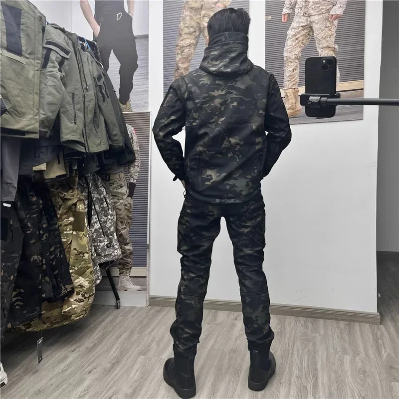 Military Uniform Hunting Men Army Soft Shell Hooded Jacket+Breathable Long Sleeve Swat Tshirts+Multi-pocket Pants Cargo Suits 6