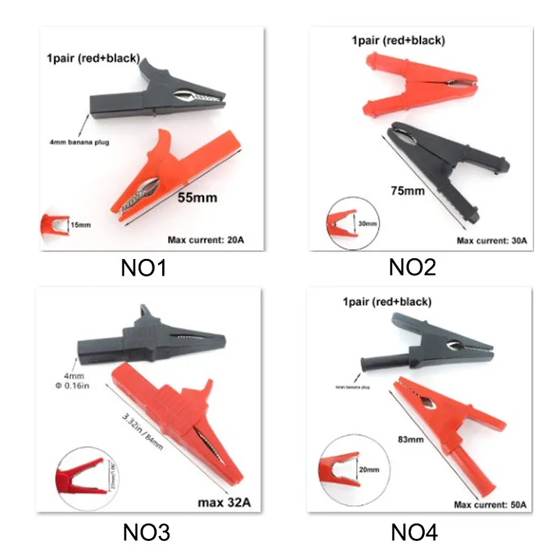 4types 20A 30A 50A Alligator Clip Crocodile Adapter Plug Insulated Probe Clip Test lead for Car Caravan Van Battery