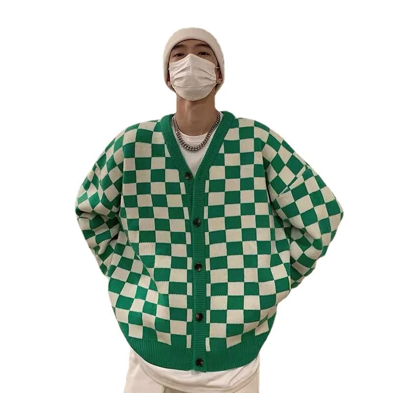 Ragazzi Cardigan scacchiera maglione scozzese maglione lavorato a maglia nuovo maglione primaverile con scollo a v Trend College cappotti verde Streetwear HomeWear
