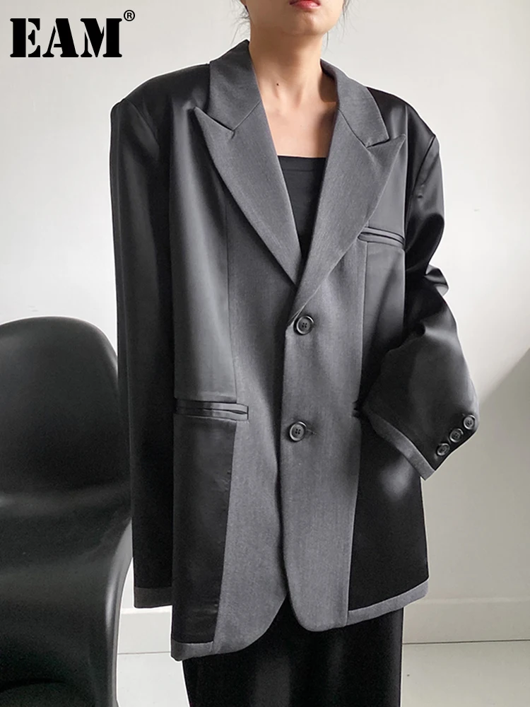 

[EAM] Женский блейзер черного и серого цвета, большой размер, новая свободная куртка с отворотом и длинным рукавом, весна-осень 2024, 1DH0430