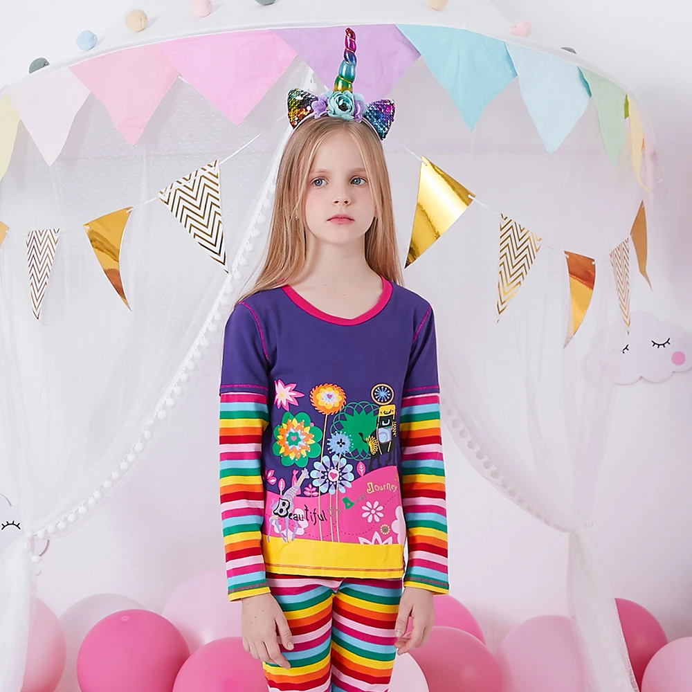 DXTON Kids Rainbow Striped Casual Tops and Tees Girls Floral Print Long Sleeve Autumn Spring T Shirt Kids 100% Cotton Tees 3