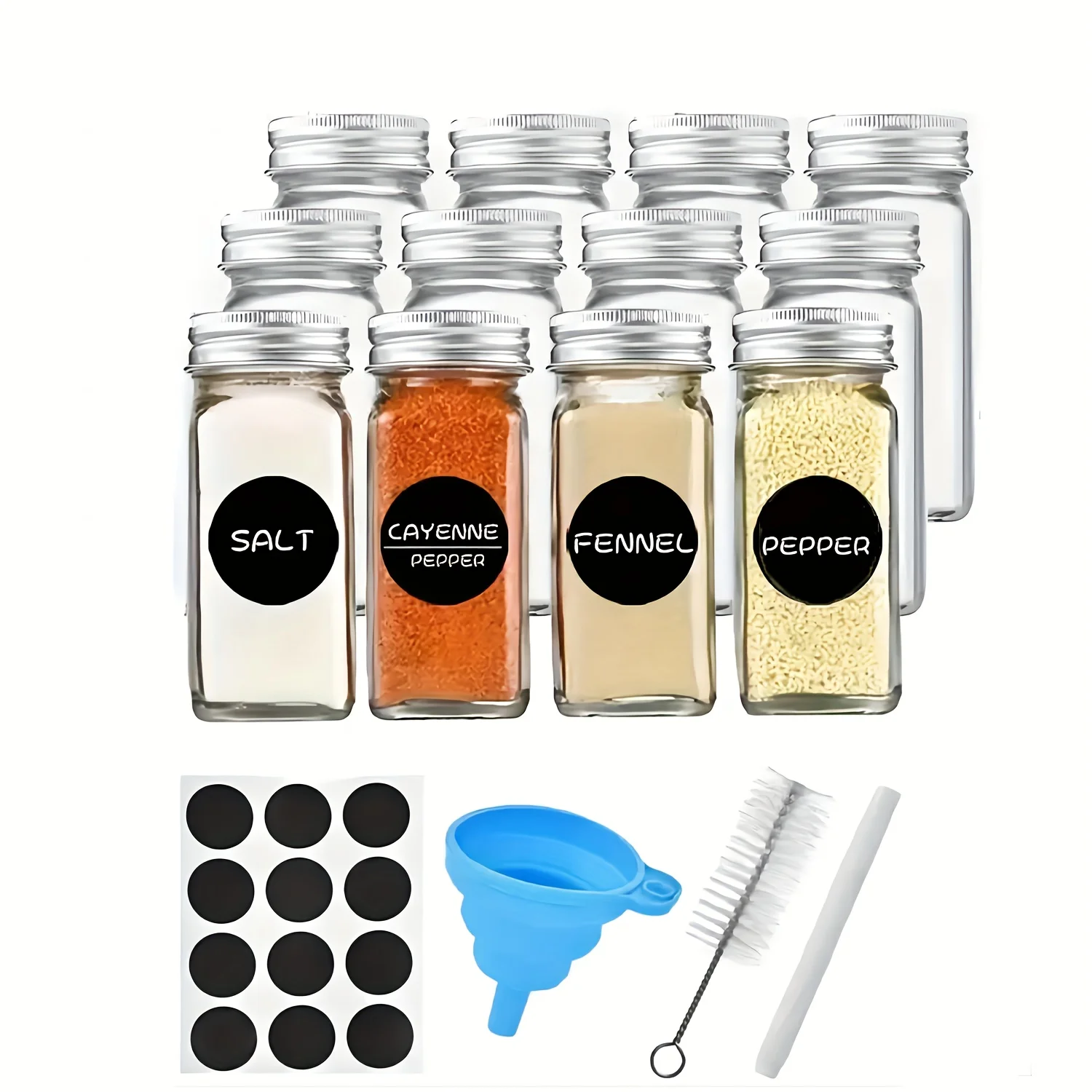 

12pcs, 4oz Glass Spice Jars with Labels, Shaker Lids, Airtight Metal Caps, Funnel, and Cleaning Brush - Organize and Store Your