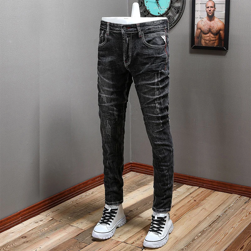 Vintage Fashion Men Jeans Retro Black Gray Stretch Elastic Slim Fit Ripped Jeans Men Denim Trousers Casual Designer Pants Hombre