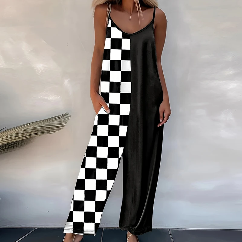 

Elegant V-neck Sleeveless Spaghetti Strap Jumpsuit Women Casual Sleeveless Pocket Loose Long Romper Reteo Pattern Print Playsuit