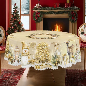 1 Piece of Merry Christmas Themed Gold Printed Tablecloth, Featuring Snowmen, Reindeer, Christmas Trees, and Wreath Designs, Suitable for Christmas, New Year's Parties, Party Decorations, Kitchen Accessories, Room and Outdoor Decorations, Gifts for Friends, Rectangular and Round Tablecloths, Available in Various Sizes