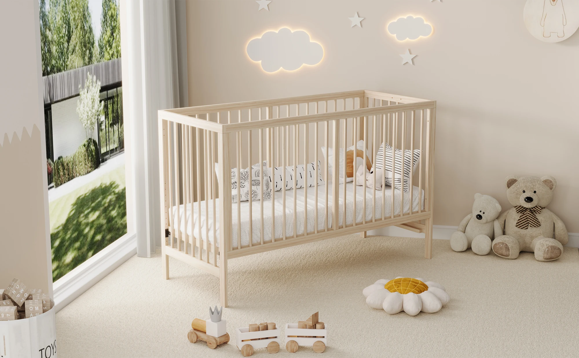 140x60x90cm Wooden Baby Cot, Convertible Into An Extra Bed / Painting Board Rack / Desk, Height Adjustable, No Mattress, Spruce S4233da5d29544b1884d942ec410d8ba5K