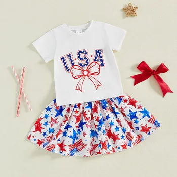Infant Girl Patriotic Outfit American Flag Print Ruffle Sleeve Top and Denim Shorts Set for 4th of July Celebration 3