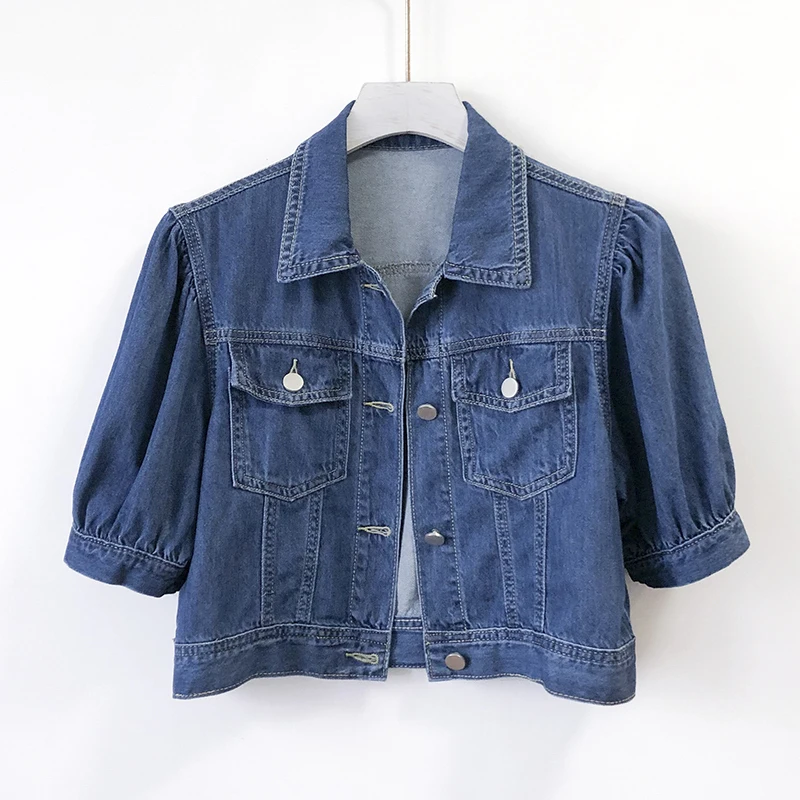 

Джинсовая куртка женская тонкая с коротким рукавом, винтажный синий жакет из денима с большими карманами, ковбойская верхняя одежда, облегающая короткая джинсовая куртка, пальто для весны и лета
