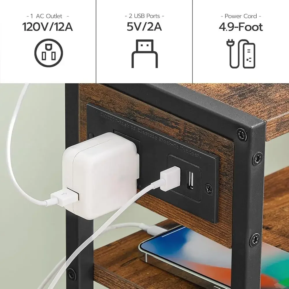 Slim Side Table with Charging Station USB Ports Compact Nightstand Small Spaces End Table with Shelves Sofa Bedroom Office 5