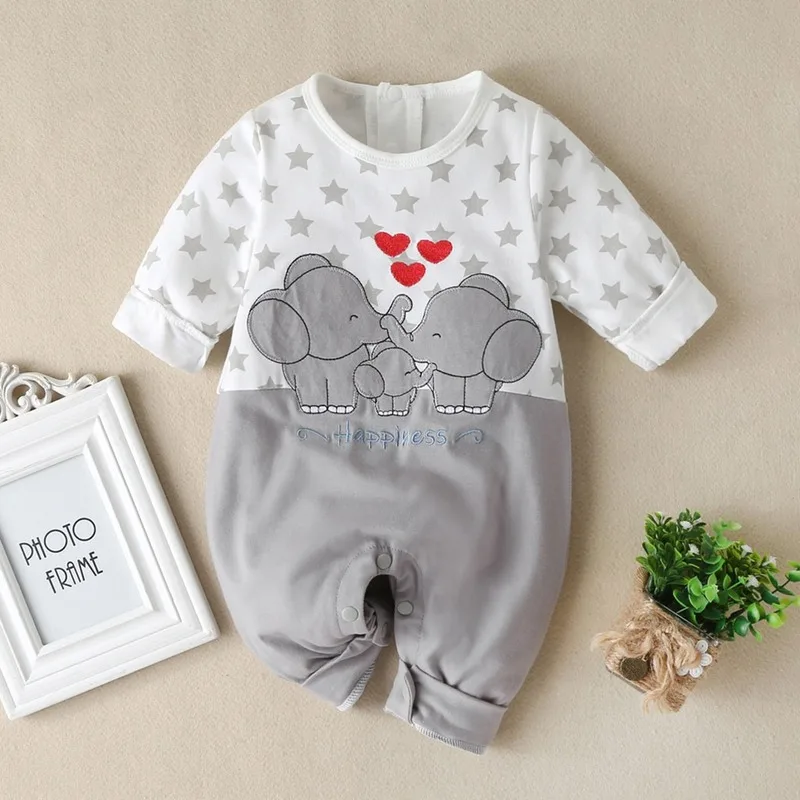 Baby Jumpsuit Boys Girls Long Sleeve Cartoon Star Print Romper Infant Elephant Pattern