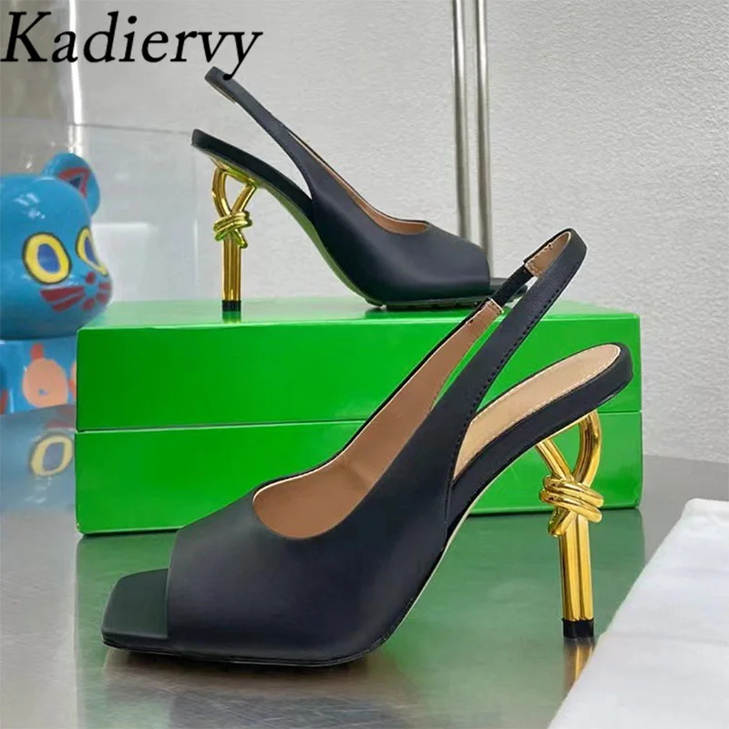 

Novel Metal Strange Style Heels Sandals Women Genuine Leather Runway Party Shoes Women Peep Toe High Heels Summer Sandals Woman