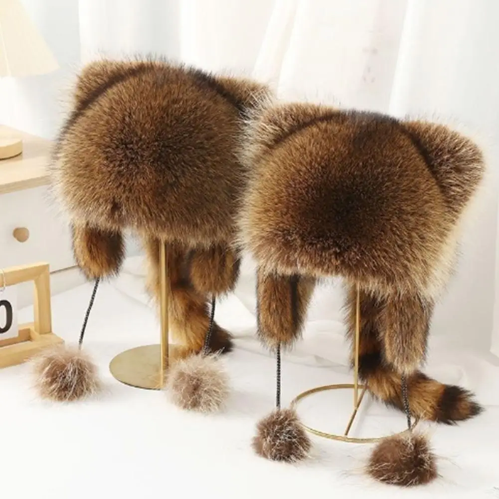 Unisex Parent-Children Plush Hat Artificial Raccoon Fur Caps with Tail Winter Thickened Warm Ears Protector Windproof Plush Hat