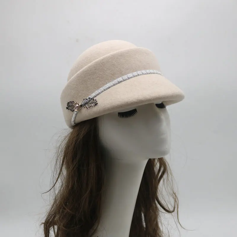 

Lady Autumn And Winter Felt Newsboy Cap Banquet Cloche Hats Woman Party Formal Fedora Top Quality 100% Wool Beret Hat