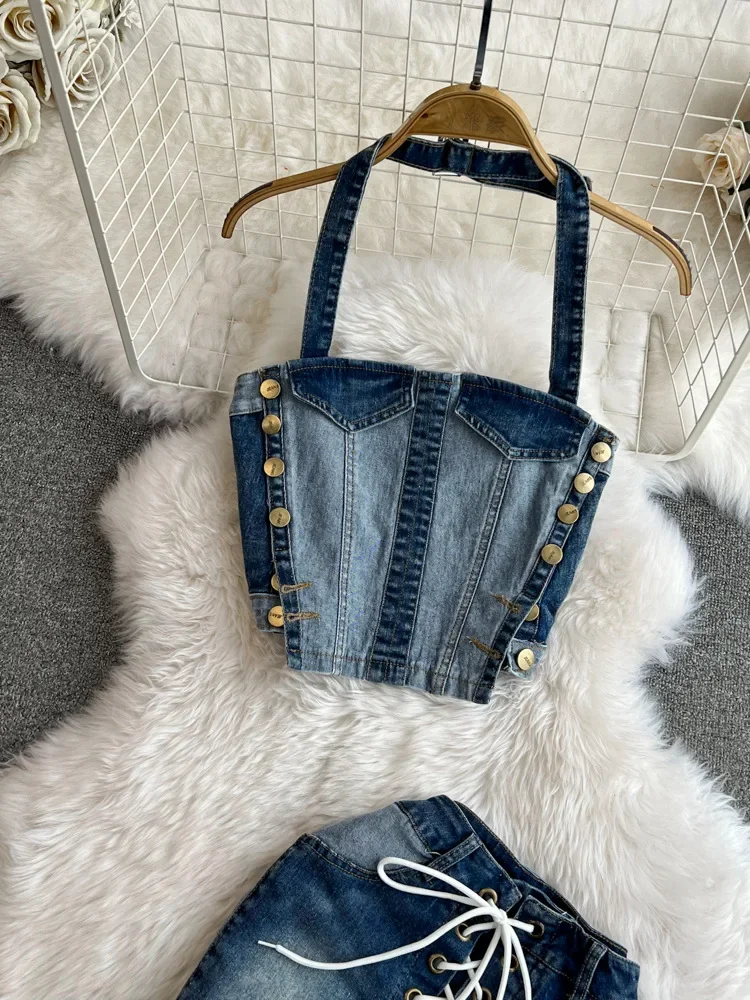 Women Lace Up Jean Denim Bodycon Mini Skirt Sets and Halter Strapless Top Two 2 Piece Set Sexy Party Outfit 2024 Summer