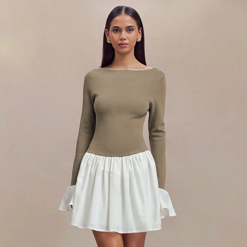 Ruffled Contrast Casual Mini Dress Women's Patchwork High Waist Elegant Fashion Party Dress Female Y2k Mini Dress New