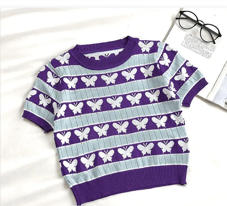 

New Women Striped Short Sleeve Purple Sweaters T-Shirts O-Neck Cropped Thin Hollow Out Sweater Pullover Crop Top For Female