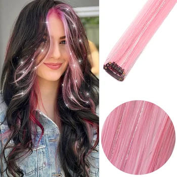 Clip in Pink Hair Extensions Mixed Silver Tinsels Synthetic Rainbow Hairpiece Holiday Party Highlights for Women Girls 1