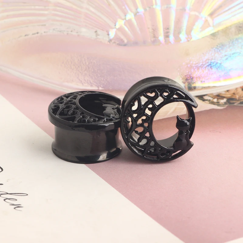 wholesales 6-16mm black cat on moon stainlesss steel ear tunnels and plugs double flare earrings gauges stretcher kit body pierc